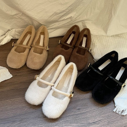 Fairy Style Internal Height Increase5cm Mary Jane Furry Shoes for Women2024New autumn and winter plush single shoes