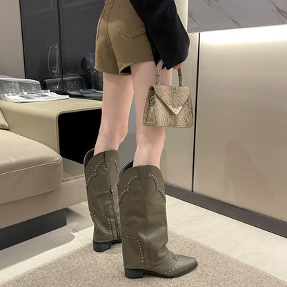 2025New Autumn Retro Pointed Toe Bootcut Boots Mid-Calf Boots for Women Hot Girl Boots Bootcut Boots Spring Autumn Winter Martin Boots