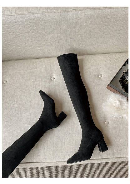 Long Boots for Women, Stretch Long Boots, Pointed Toe High Heel Boots, Over-the-Knee Boots, Suede High Boots, Khaki Color