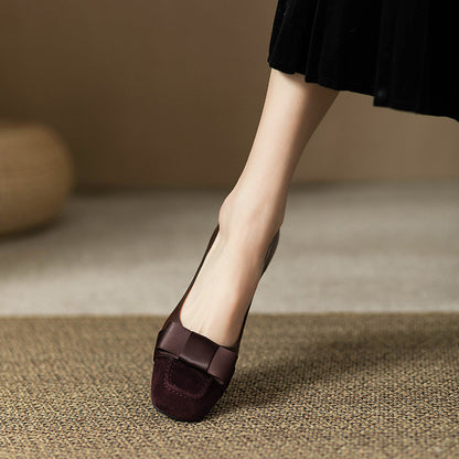 French style color-blocking high heels for women2024Spring and Autumn New Style Chunky Heel Bow Retro Mid-Heel Single Shoes