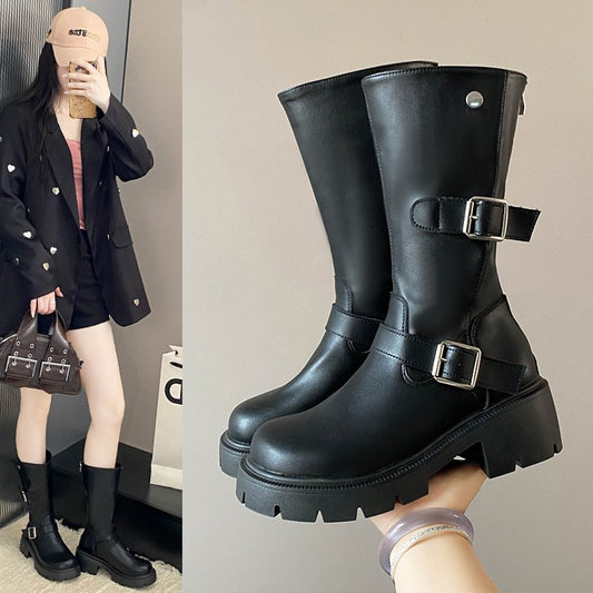 Back Zipper Rubber Fashion Boots Square Heel PU Winter Mid-Calf Boots High Heel(6-8cm)