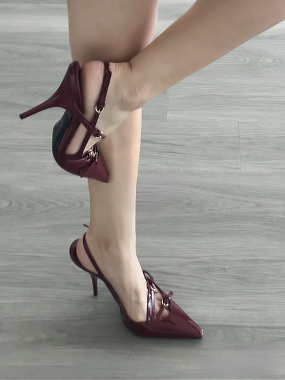 2024New Patent Leather One-Strap Cat Heel Closed-Toe Sandals Sexy Black Silk Pointed Toe Stiletto High Heels for Women