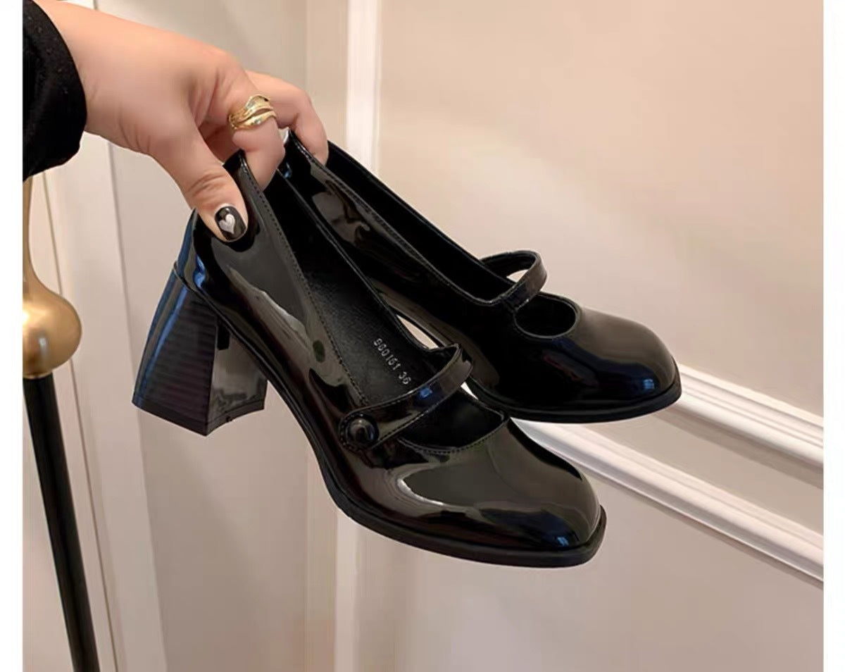 Mary Jane High Heels2023New Year's New Small Thick Heel French Style One-Strap Retro Single Shoes