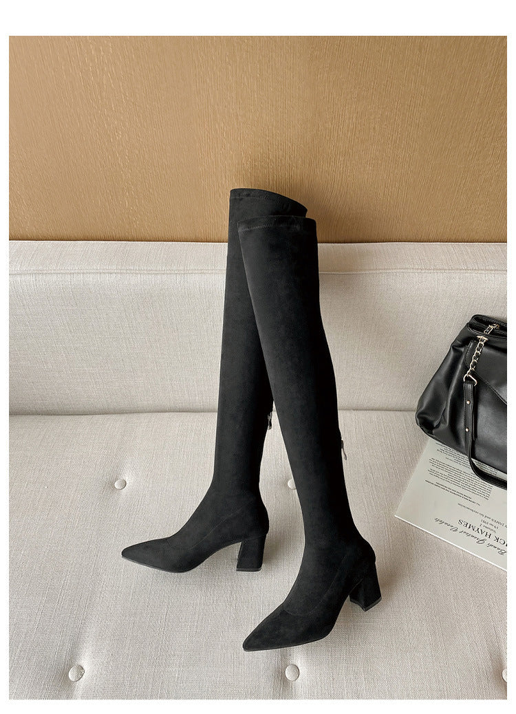 Long Boots for Women, Stretch Long Boots, Pointed Toe High Heel Boots, Over-the-Knee Boots, Suede High Boots, Khaki Color
