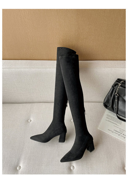 Long Boots for Women, Stretch Long Boots, Pointed Toe High Heel Boots, Over-the-Knee Boots, Suede High Boots, Khaki Color