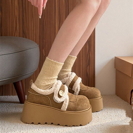 Artificial short plush28*24*12Cow suede（Matte Leather）High Heel(5-8cm)Deep Mouth Boxed Low-top Shoes Round Toe Rubber Platform Sole Single Shoes with Velcro