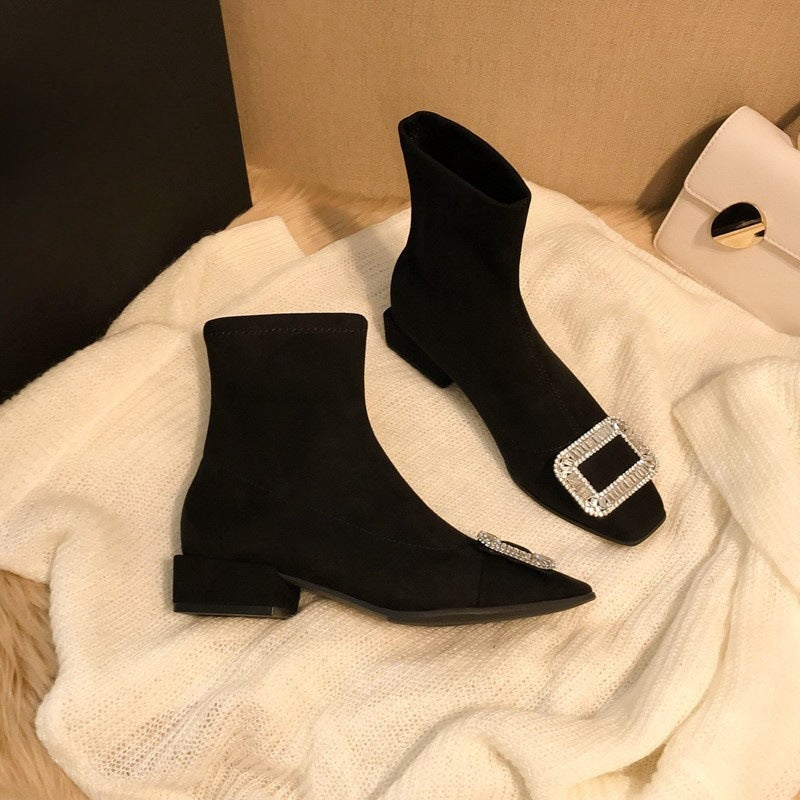 Square Buckle Rhinestone Elastic Sock Boots for Women, Low Heel, Chunky Heel, Black Square Toe Short Boots, Suede Slim Boots for Women