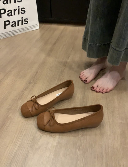 Women's French Style Shoes with Hidden Wedge2025Spring and Autumn New Suede Bowknot Slip-On Light Mouth Apricot Evening Shoes