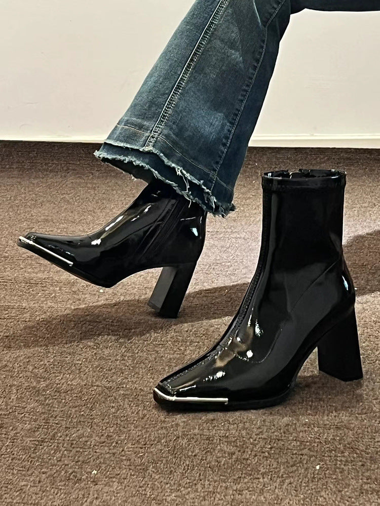 Kendall Jenner Style Short Boots for Women2023New Autumn Winter Square Toe Patent Leather Chunky Heel Short Slimming High Heel Boots