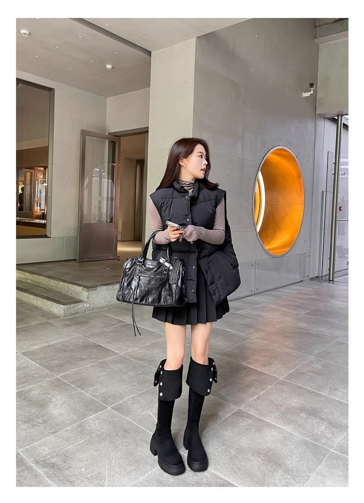 2025New Retro Small Western Boots for Women, Autumn and Winter Fleece-Lined Over-the-Knee Long Boots, Brown Long Boots, Riding Boots