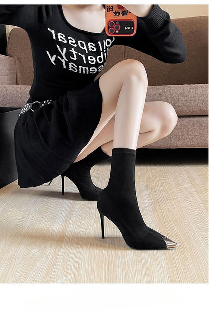 Black pointed toe stiletto high heel ankle boots for women2024New Autumn and Winter Elastic Slim Boots Mid-Calf Sock Boots Single Boots