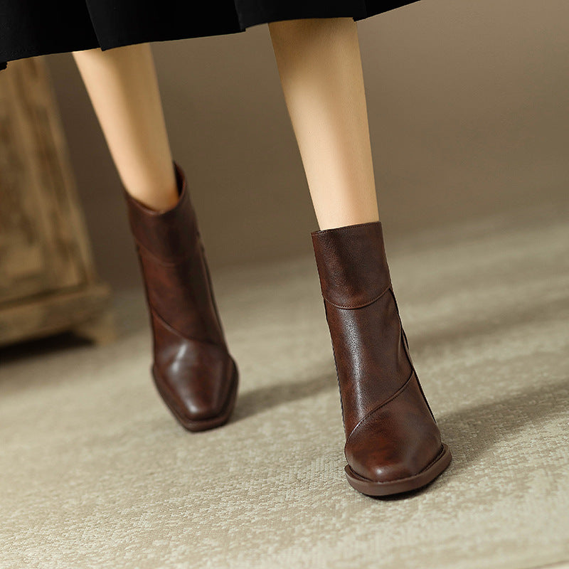 Women's Chunky Heel Ankle Boots2024New High Heel Winter Brown Slim Boots British Style Retro Martin Boots