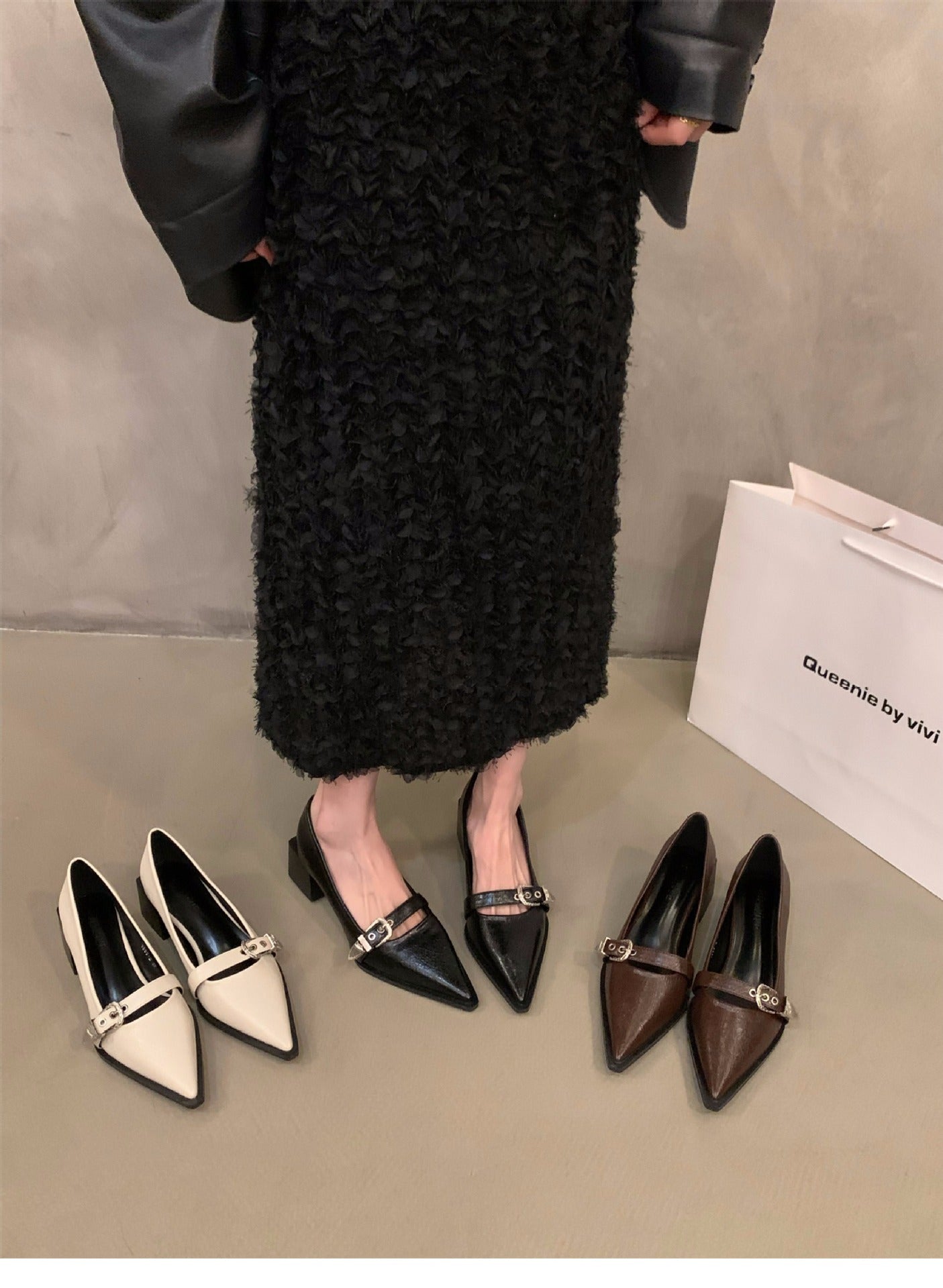 French Style Mary Jane Leather Shoes for Women2024New Spring Autumn Winter Black Pointed High Heels Single Shoes