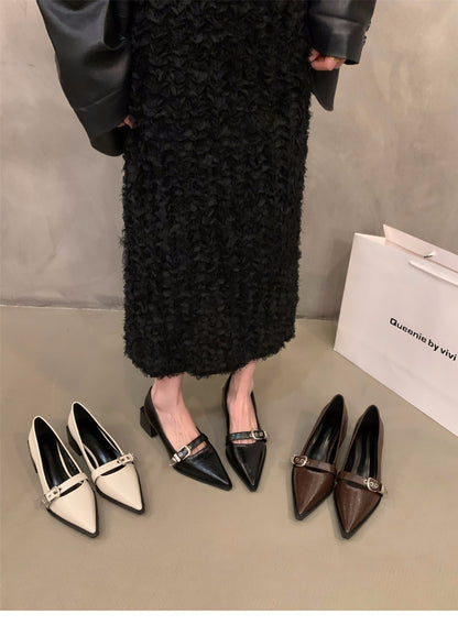 French Style Mary Jane Leather Shoes for Women2024New Spring Autumn Winter Black Pointed High Heels Single Shoes