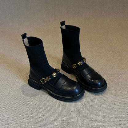Thick-Soled Metal Buckle Elastic Short Boots Retro College Style Knitted Slim Boots Women Versatile Loafers Sock Boots