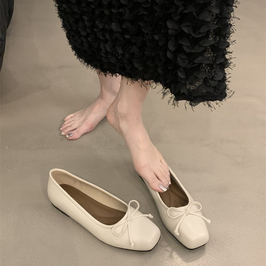 silver Flats Shallow Mouth Bowknot2024Spring New French Style Gentle Evening Breeze Flat Shoes for Women