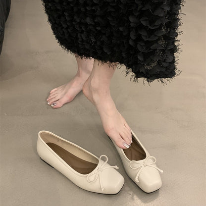 silver Flats Shallow Mouth Bowknot2024Spring New French Style Gentle Evening Breeze Flat Shoes for Women