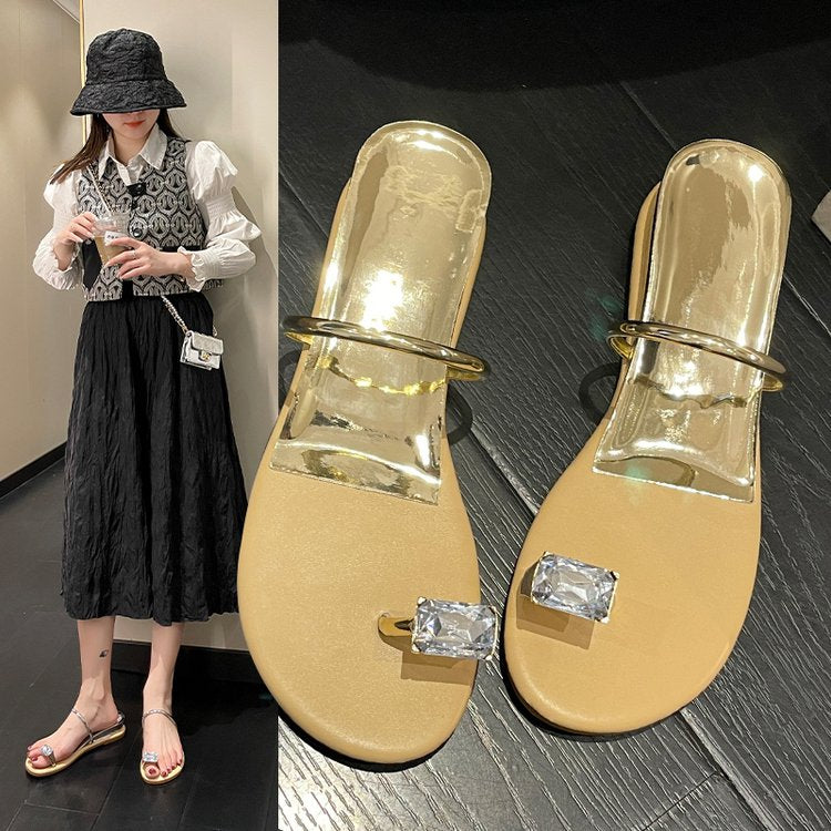 PU Square Heel Low Heel Slippers Rubber Toe
