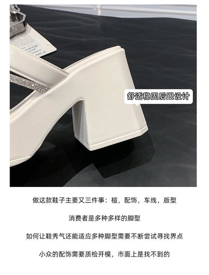 Solid Color Rubber Chunky Heel PU High Heel Slippers