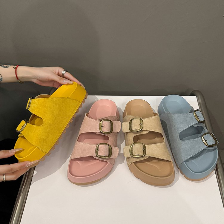 Solid Color Rubber Mid Heel(3-5cm)Platform Sole Suede Slippers