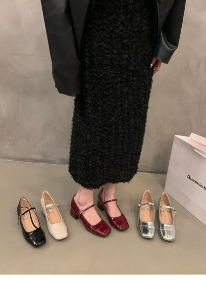 Women's Red Chunky Heel Shoes2023 New Summer Mid-High Heels silver Mary Jane Shoes for Dresses Evening Shoes