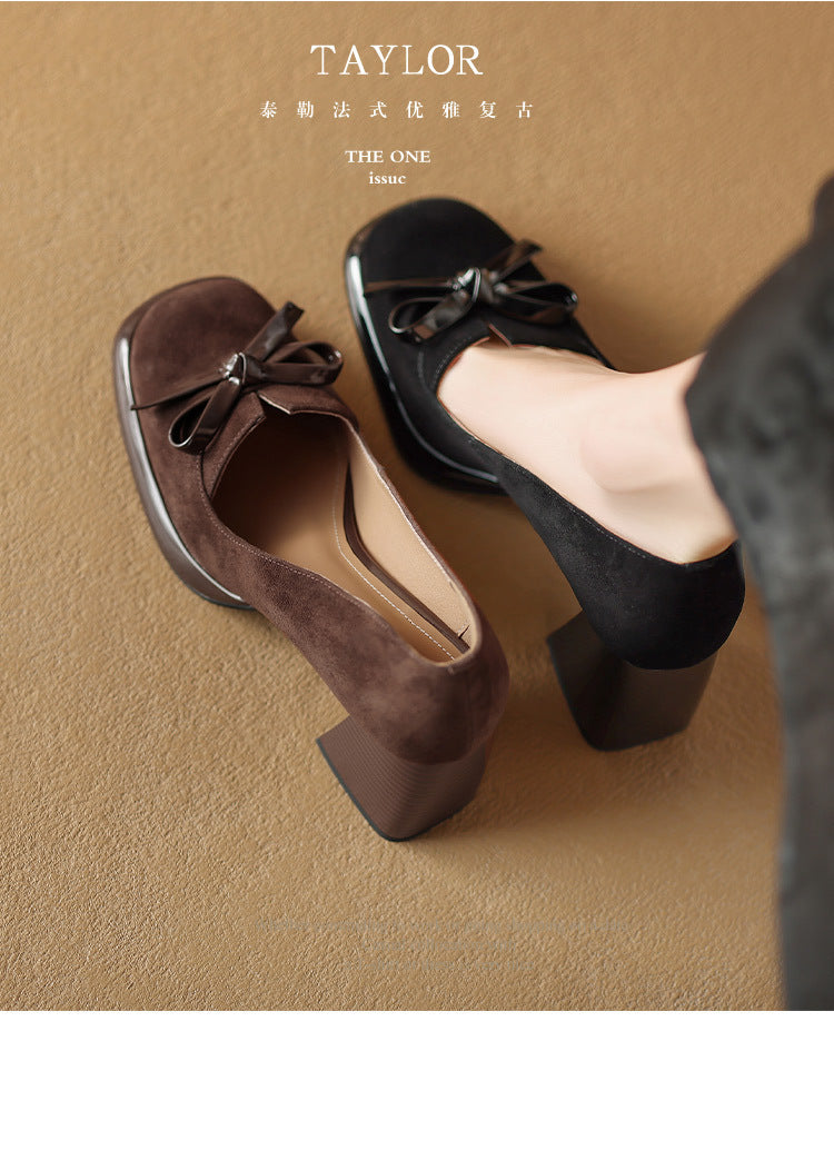 2024Spring New Style Bowknot Matte Chunky Heel Pumps for Women Shallow Mouth Waterproof Platform Chunky Heel Pumps