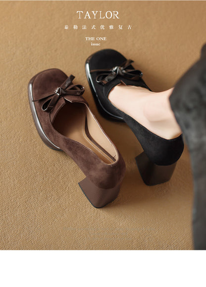 2024Spring New Style Bowknot Matte Chunky Heel Pumps for Women Shallow Mouth Waterproof Platform Chunky Heel Pumps
