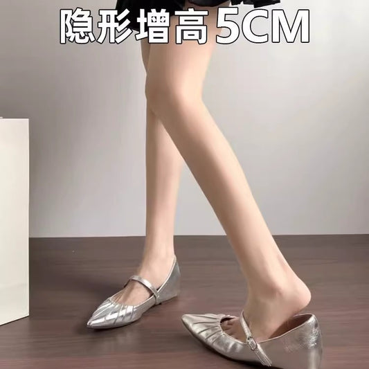 Height Increasing Insole Women's Shoes2024Summer New Retro One-Strap Mary Jane Pleated Pointed Toe Shoes
