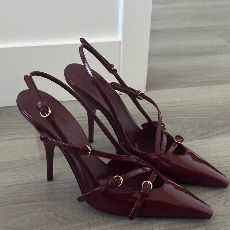 2024New Patent Leather One-Strap Cat Heel Closed-Toe Sandals Sexy Black Silk Pointed Toe Stiletto High Heels for Women
