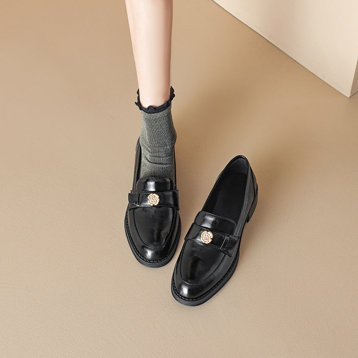 Left Bank Paris～！Chunky Heel British Style Gold Buckle Loafers for Women, Patent Leather Black Single Shoes