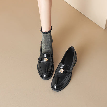 Left Bank Paris～！Chunky Heel British Style Gold Buckle Loafers for Women, Patent Leather Black Single Shoes