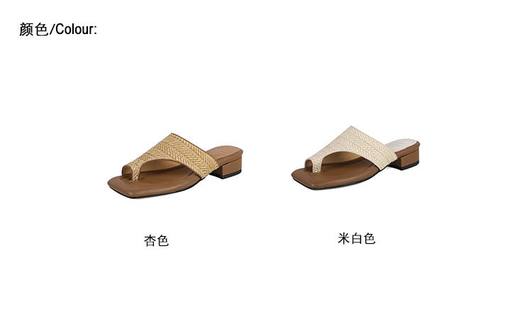 French Retro Vacation Style Woven Toe Clip Sandals for Women Summer Niche Design Chunky Heel Sandals