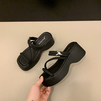 Solid Color Platform Sole Slippers PU Rubber mid-heel(3-5cm)