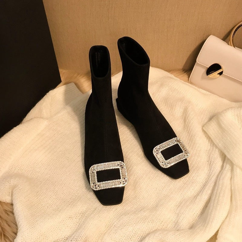 Square Buckle Rhinestone Elastic Sock Boots for Women, Low Heel, Chunky Heel, Black Square Toe Short Boots, Suede Slim Boots for Women