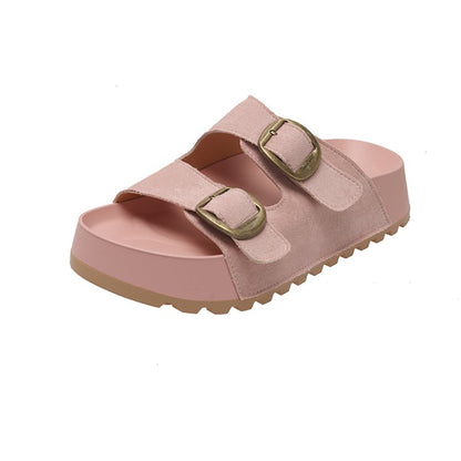 Solid Color Rubber Mid Heel(3-5cm)Platform Sole Suede Slippers