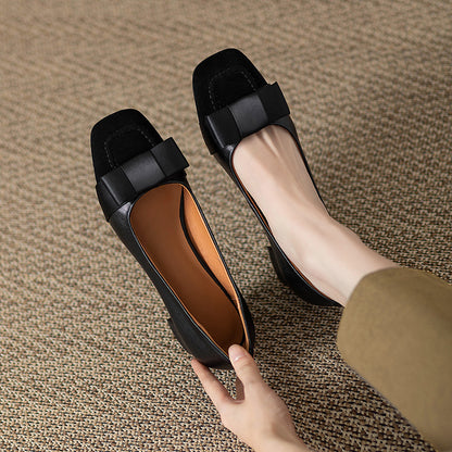 French style color-blocking high heels for women2024Spring and Autumn New Style Chunky Heel Bow Retro Mid-Heel Single Shoes