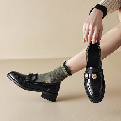 Left Bank Paris～！Chunky Heel British Style Gold Buckle Loafers for Women, Patent Leather Black Single Shoes