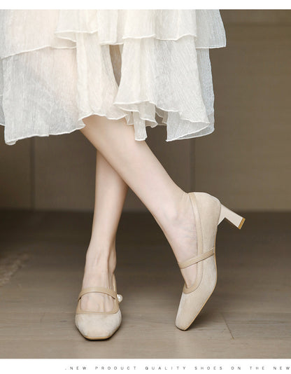 Mary Jane High Heels for Women, Chunky Heel, 2025 New Vintage Style, Versatile with Dresses, French Mid-Heel Square Toe Pumps for Women