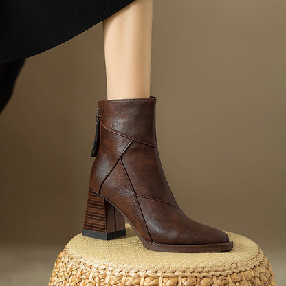Women's Chunky Heel Ankle Boots2024New High Heel Winter Brown Slim Boots British Style Retro Martin Boots