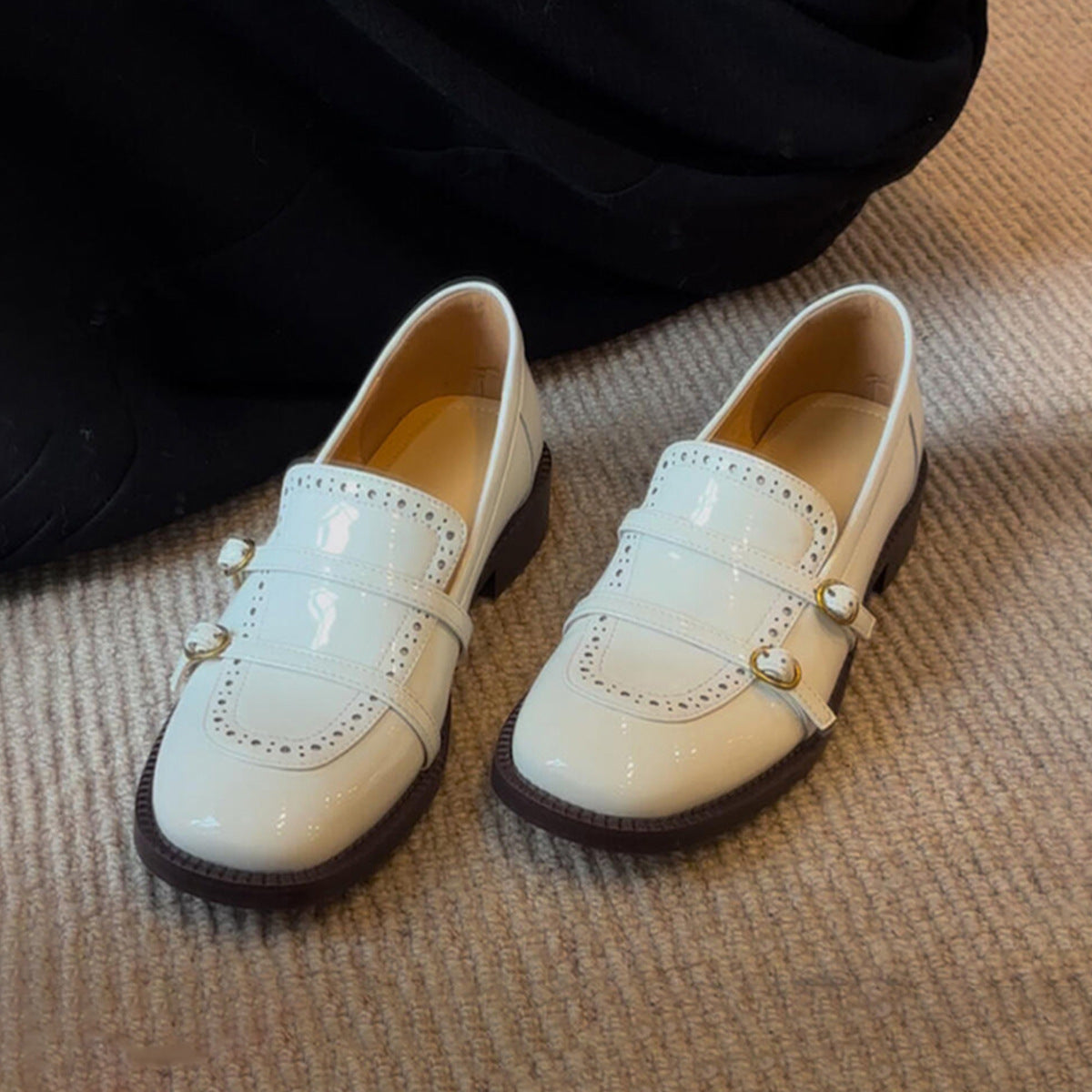 French Style Gentle White Loafers for Women with Belt Buckle Carved Slip-On Low Heel Shoes