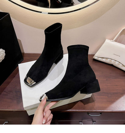 Women's Suede Ankle Boots2024Autumn New Fashionable Chunky Heel Metal Square Toe Mid-Heel Stretch Slim Sock Boots