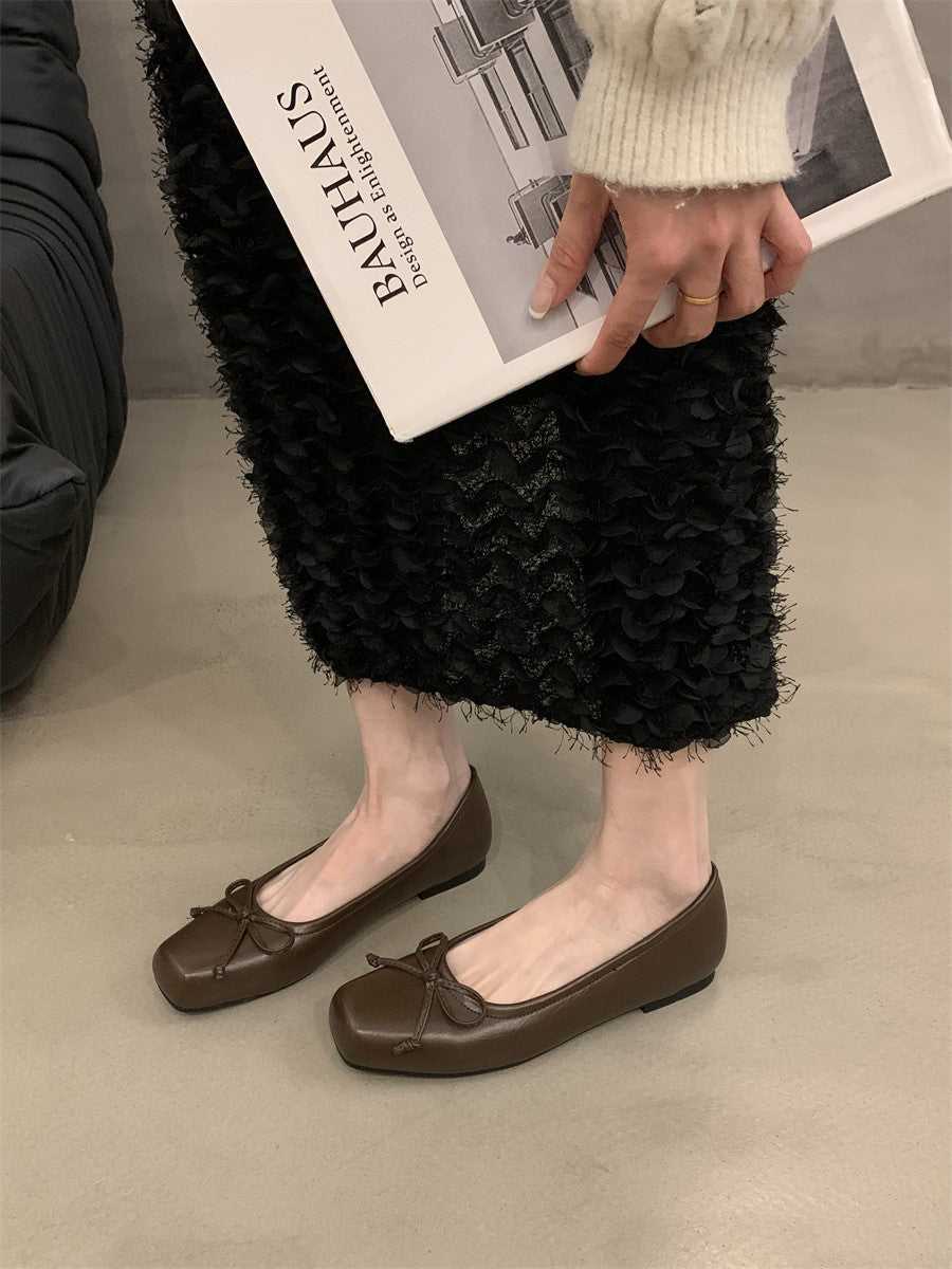 silver Flats Shallow Mouth Bowknot2024Spring New French Style Gentle Evening Breeze Flat Shoes for Women