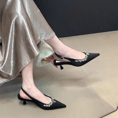 Women's Sandals2025Spring New Women's Shoes Backless Rhinestone Closed-Toe High Heels Pointed Toe Stiletto Bridesmaid Wedding Shoes