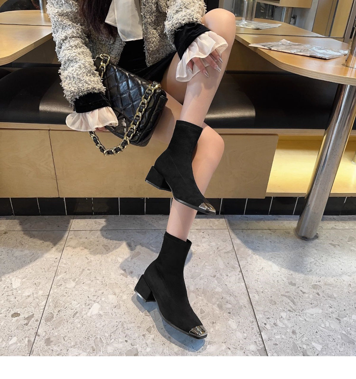 Women's Suede Ankle Boots2024Autumn New Fashionable Chunky Heel Metal Square Toe Mid-Heel Stretch Slim Sock Boots