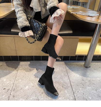 Women's Suede Ankle Boots2024Autumn New Fashionable Chunky Heel Metal Square Toe Mid-Heel Stretch Slim Sock Boots