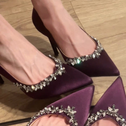 New Purple Stunning Rhinestone High Heels for Women Pointed Satin Sexy Stiletto Comfortable Single Shoes