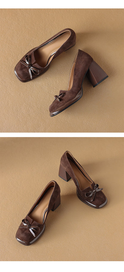 2024Spring New Style Bowknot Matte Chunky Heel Pumps for Women Shallow Mouth Waterproof Platform Chunky Heel Pumps