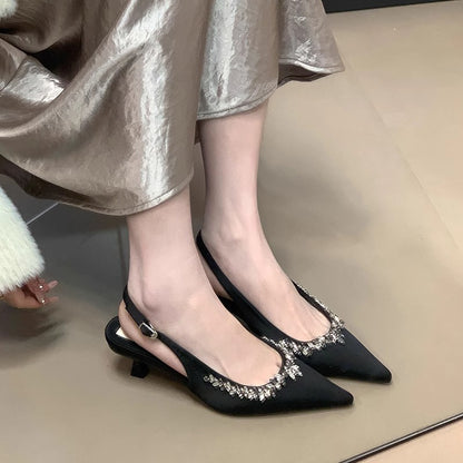 Women's Sandals2025Spring New Women's Shoes Backless Rhinestone Closed-Toe High Heels Pointed Toe Stiletto Bridesmaid Wedding Shoes