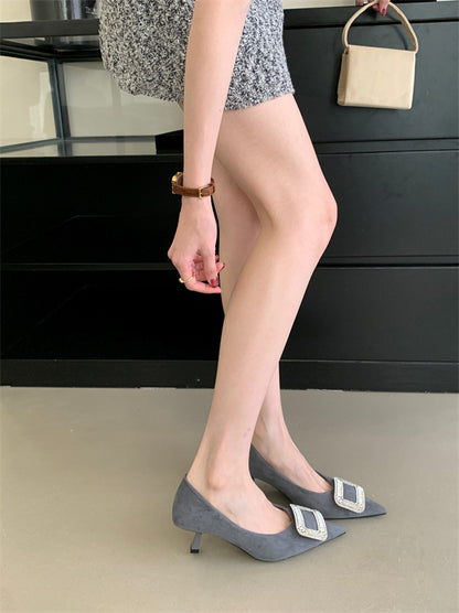 French pointed toe high heels stiletto single shoes for women2025Spring and Autumn New Style Cat Heel Elegant Rhinestone Black Work Shoes