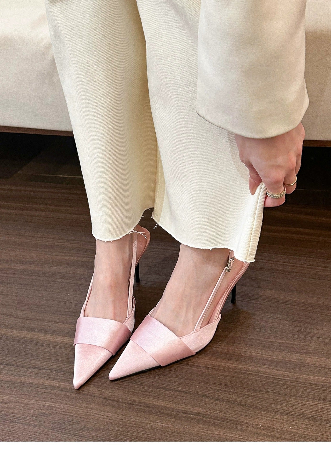 Cool and sophisticated！Pointed Toe silver Satin Sandals for Women, Closed Toe, Open Back, Stiletto High Heels2025